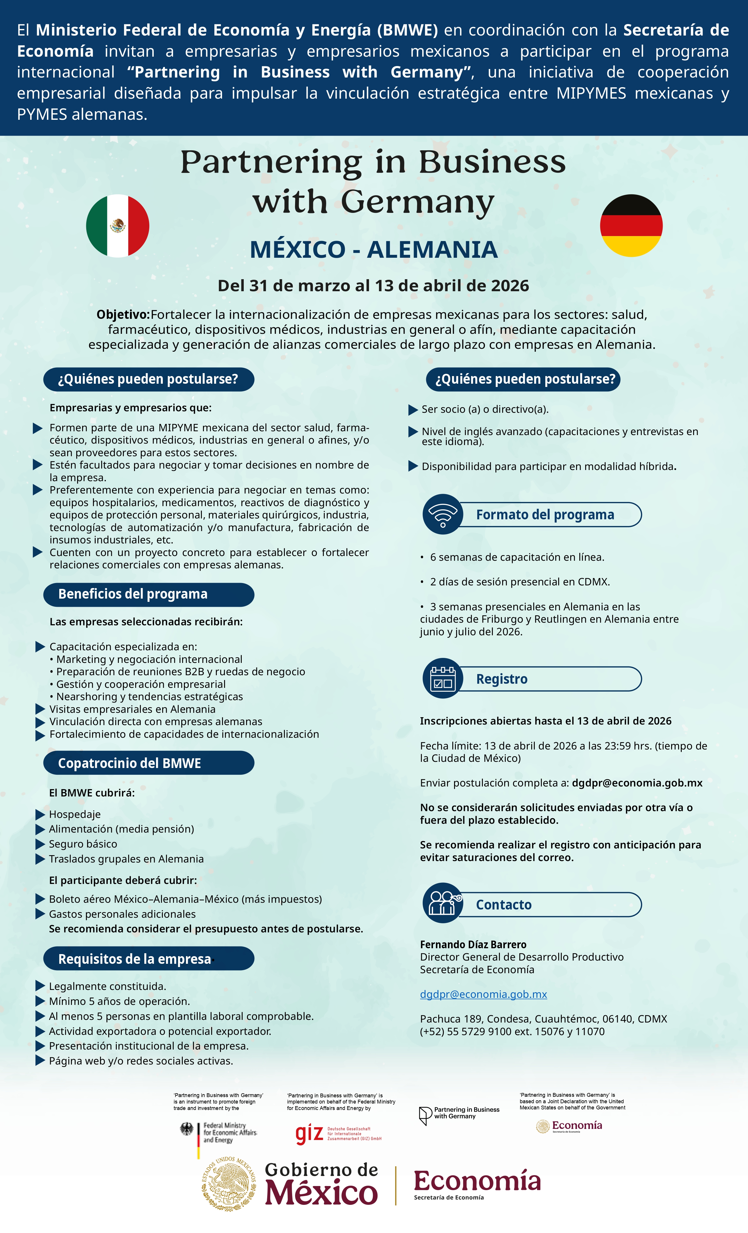 Convocatoria Programa Partnering In Business With Germany |  Sector Salud e Industrias en General | Fecha límite de registro 13 de abril, 2026